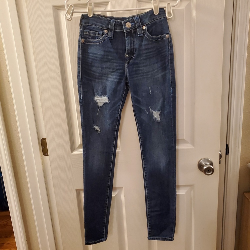 NEW True Religion sz 25 Women Jean Halle Mid Rise Super Skinny Whiskr distressed
